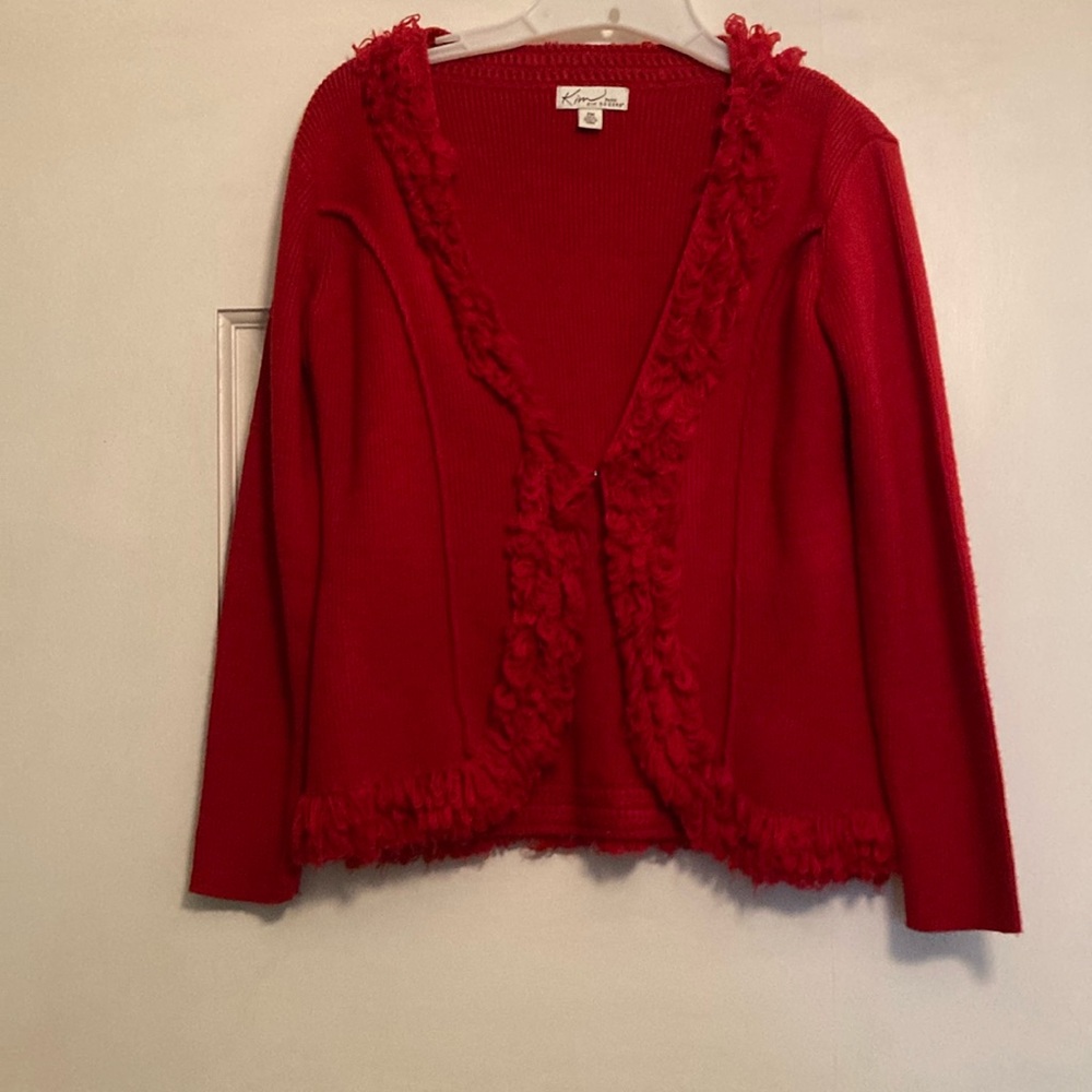 Women’s Kim Rogers Red Cardigan Sweater with Ruffle - Size Petite Medium
